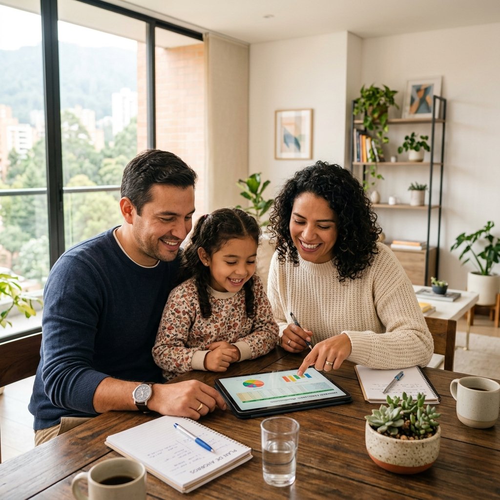 Familia colombiana planificando su futuro financiero juntos